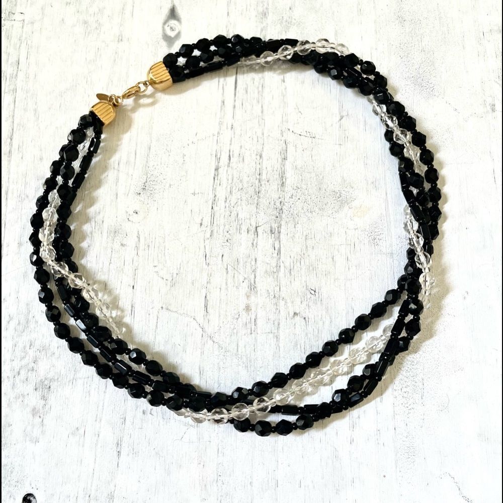 Sarah Coventry black and clear beaded multi strand necklace